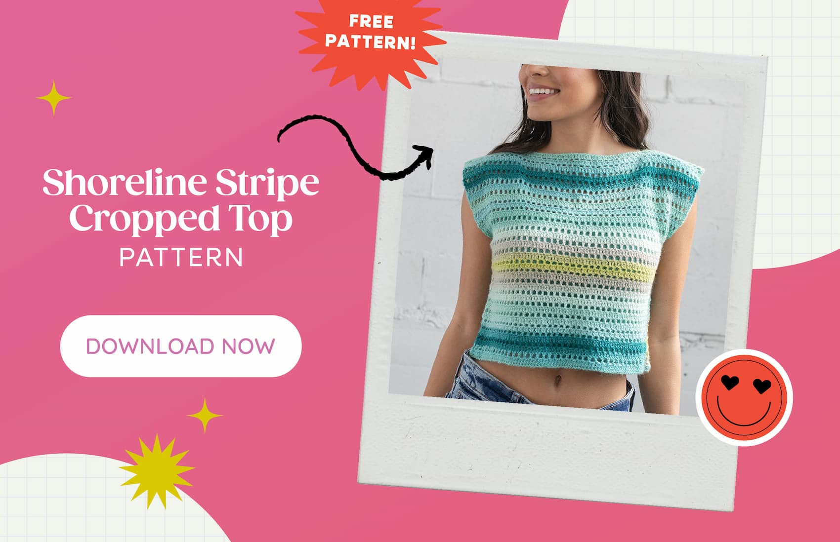 Image: A crocheted striped crop top in blues and greens. Text: Free Pattern! Shoreline Stripe Cropped Top Pattern. Download Now >>