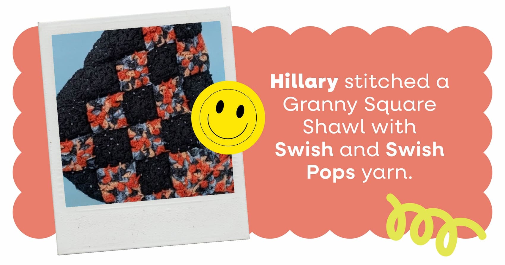 Image: A crocheted granny square shawl in black and multicolor. Text: Hillary stitched a Granny Square Shawl with Swish and Swish Pops yarn. >>