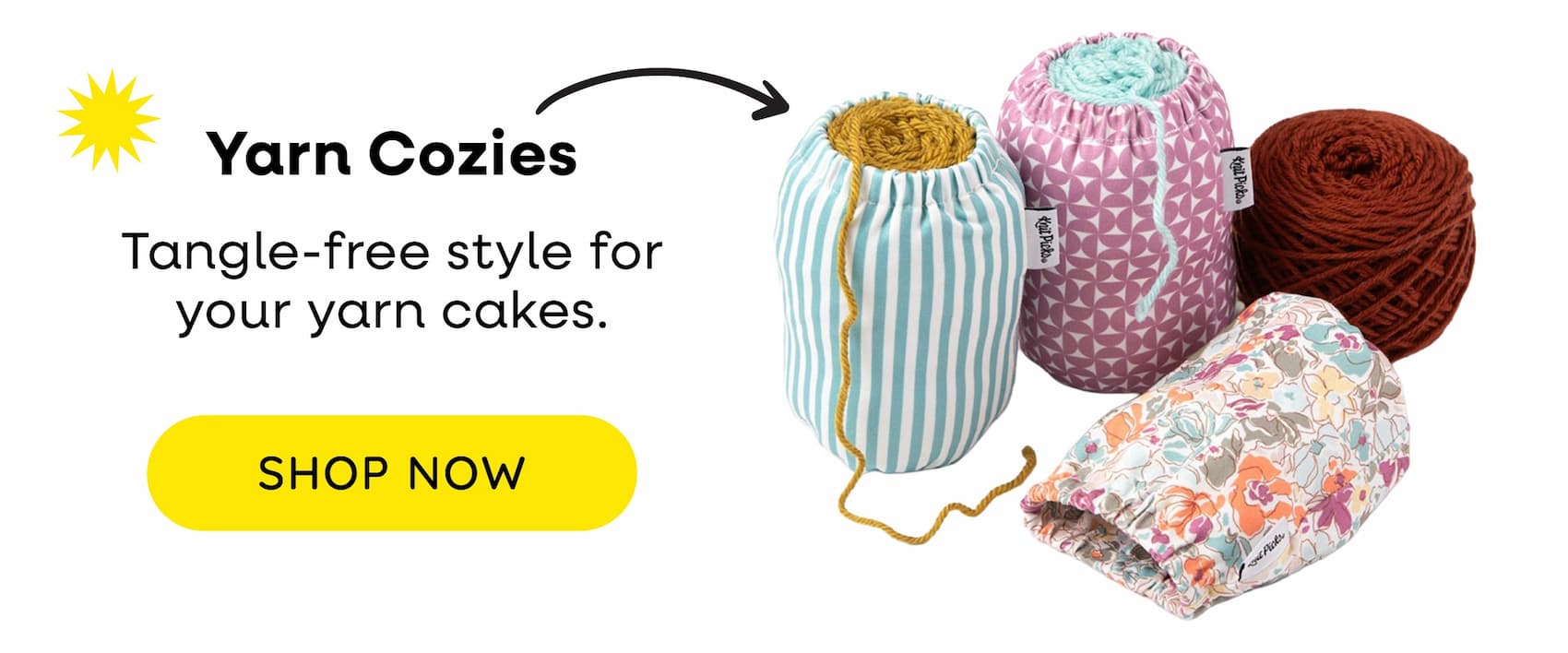 Yarn Cozies: Tangle-free style for your yarn cakes. Shop Now. Colorful patterned yarn cozies filled with balls of yarn