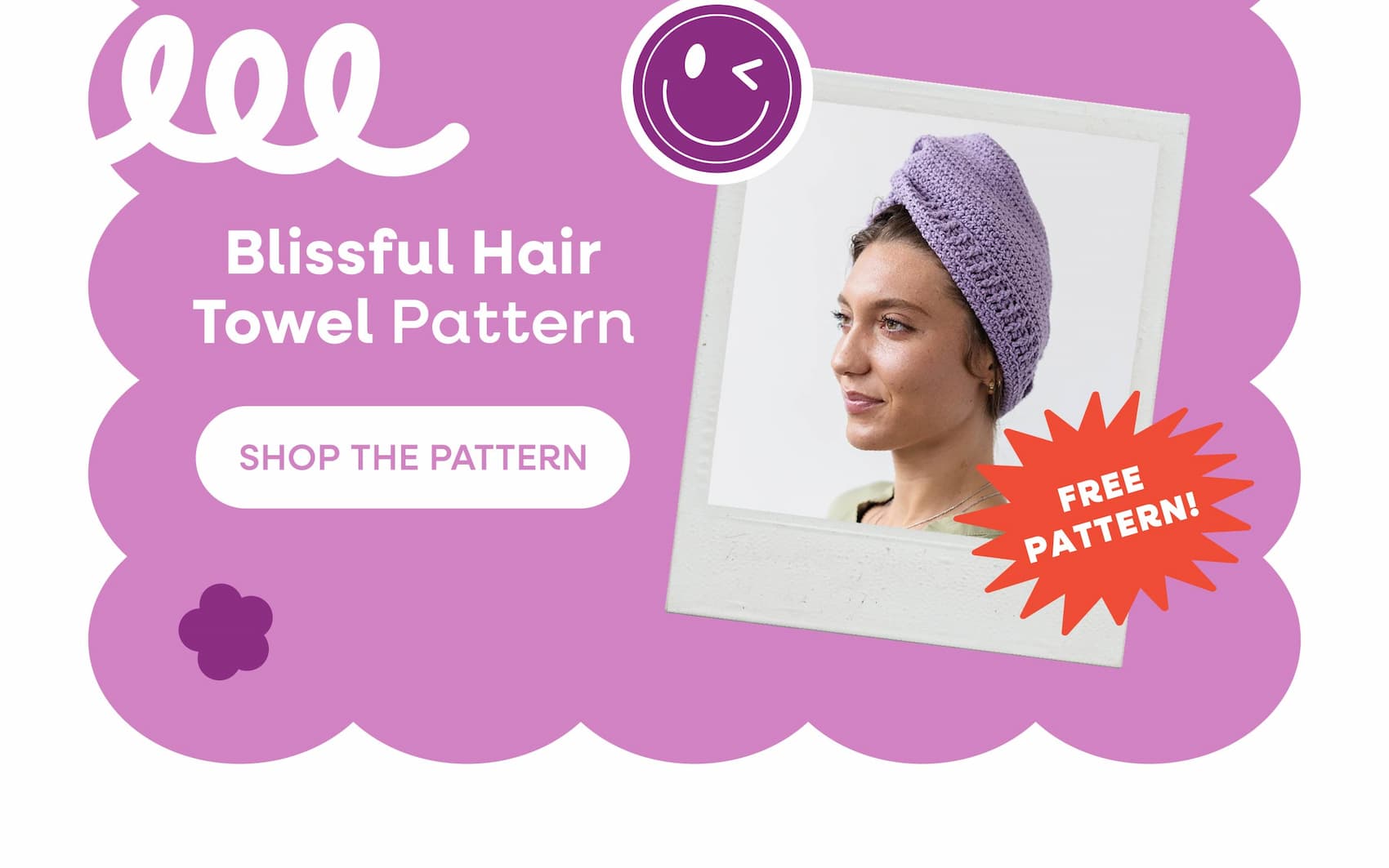 Free Pattern! Blissful Hair Towel Pattern Shop the Pattern. A model wearing a handmade purple crocheted towel
