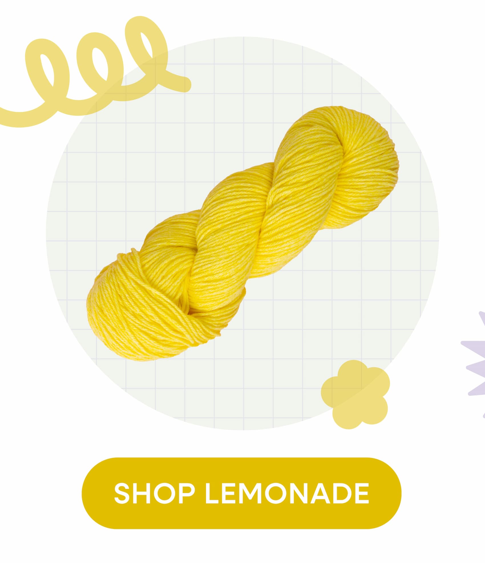 Image: A hank of pastel yellow yarn. Text: Shop Lemonade >>