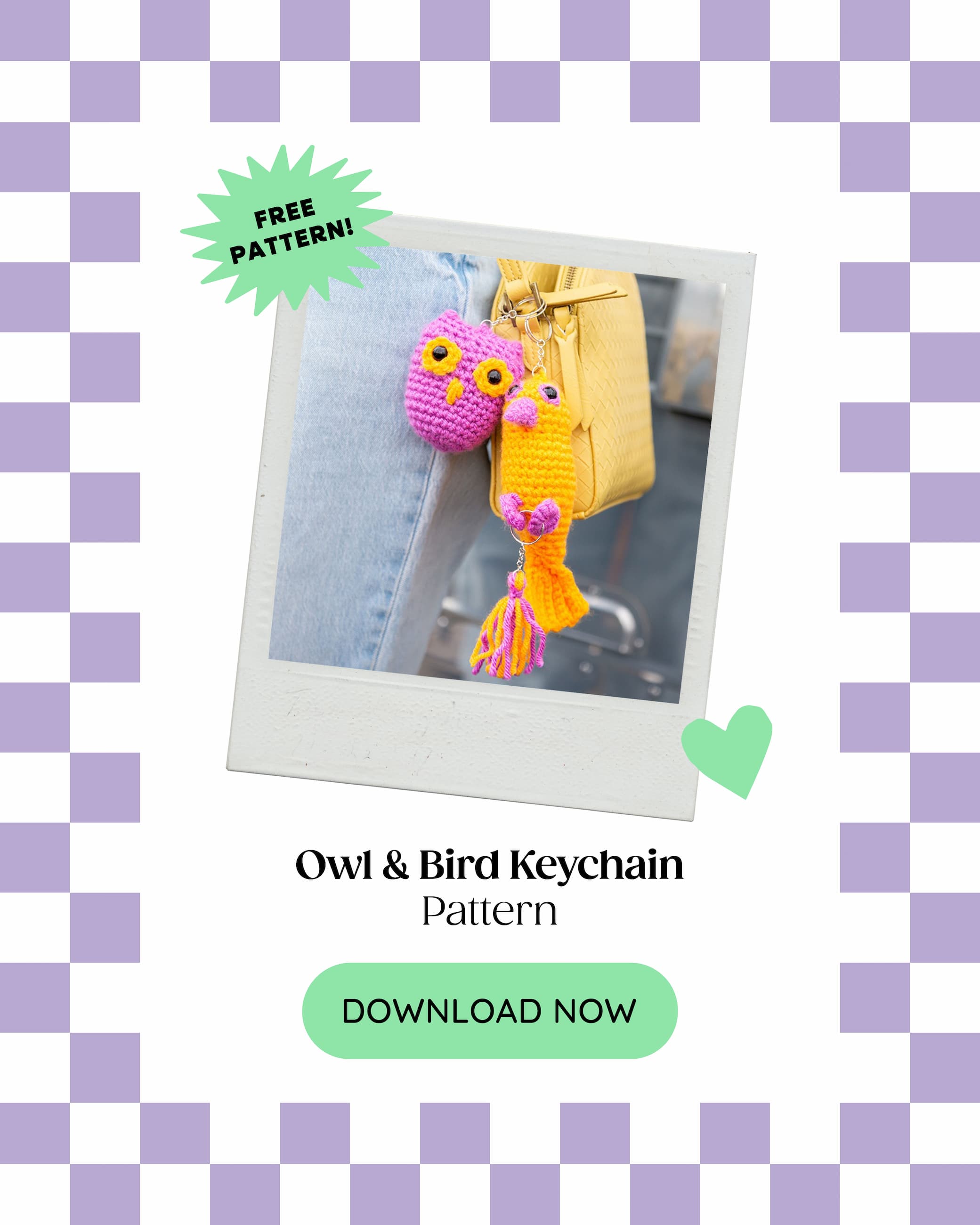 Image: A crocheted set of bird keychains. Text: Free Pattern! Owl & Bird Keychain Pattern. Download Now >>