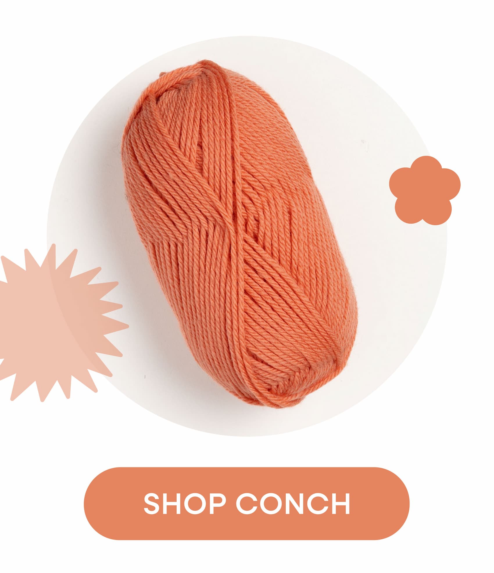Image: A skein of coral colored yarn. Text: Shop Conch >>