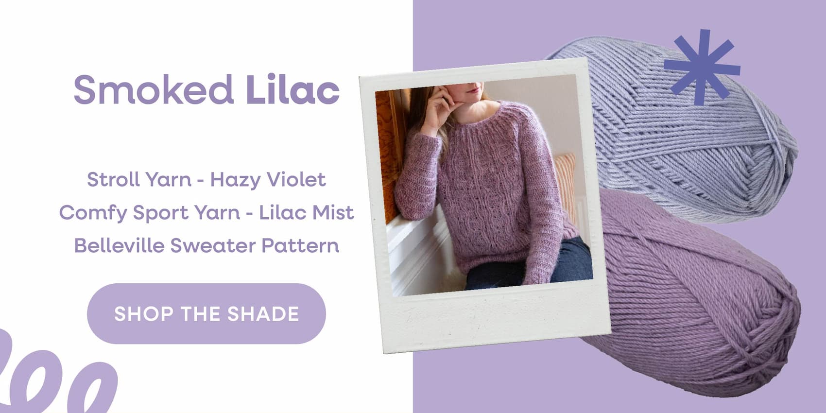 Smoked Lilac. Stroll Yarn - Hazy Violet, Comfy Sport Yarn - Lilac Mist, Belleville Sweater Pattern, Shop the Shade