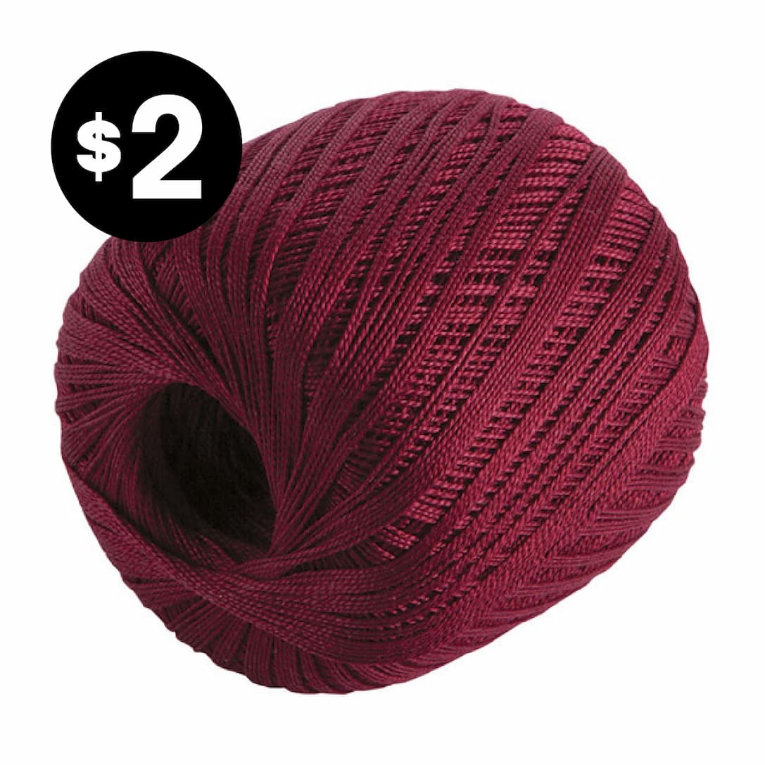 Image: A ball of dark red crochet thread. Text: $2 >>