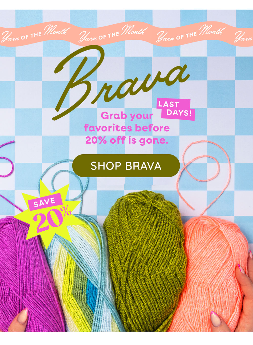 Yarn of the Month Brava LAST DAYS! Grab your favorites before 20% off is gone.