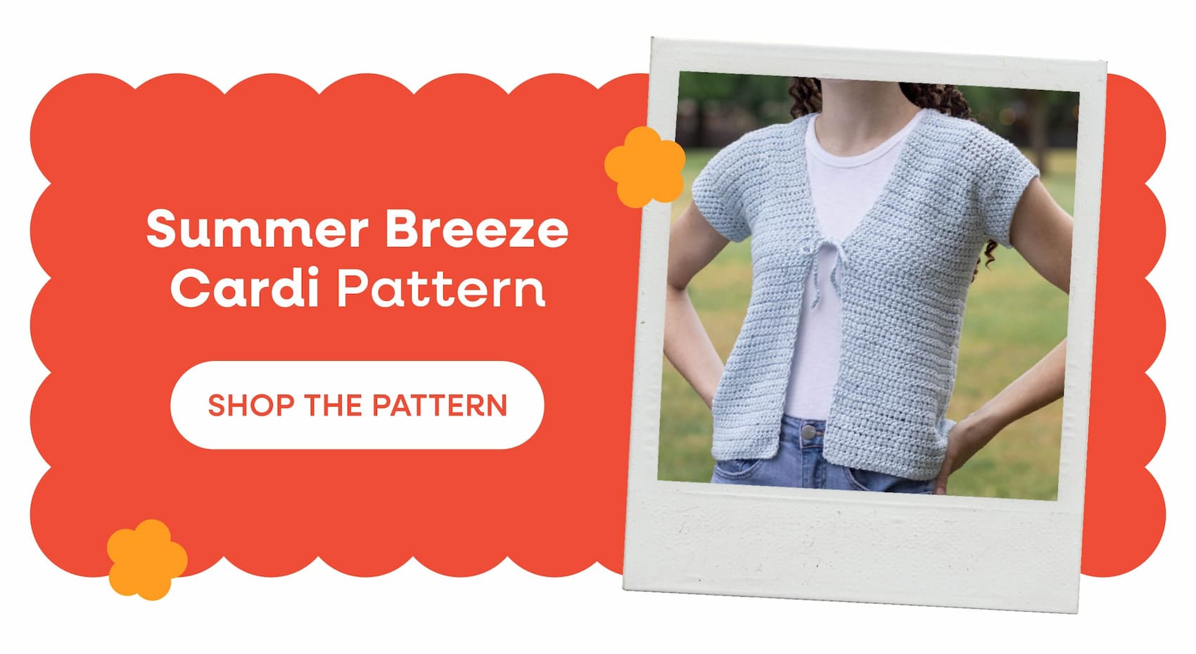 Summer Breeze Cardi Shop the Pattern. A model wearing a handmade blue crocheted cardigan