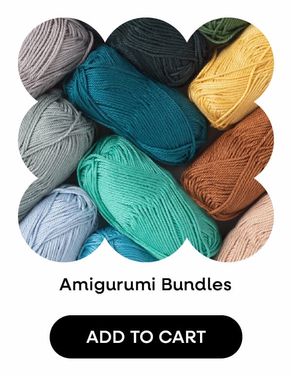 Image: skeins of yarn for amigurumi. Text: Amigurumi Bundles. Add to Cart. >>