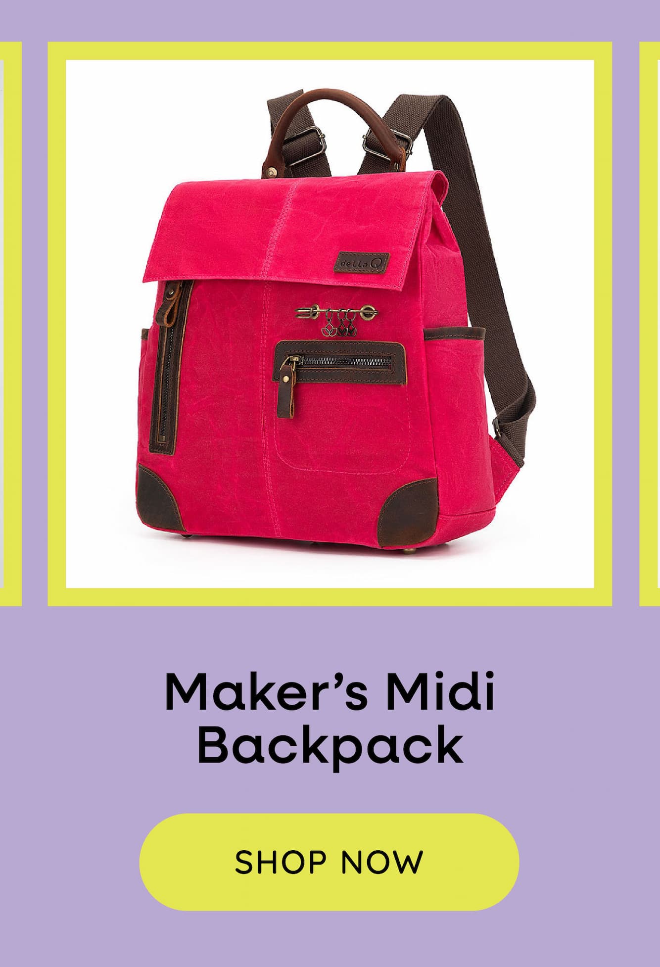 Image: A pink and brown backpack. Text: Maker's Midi Backpack. Shop Now >>