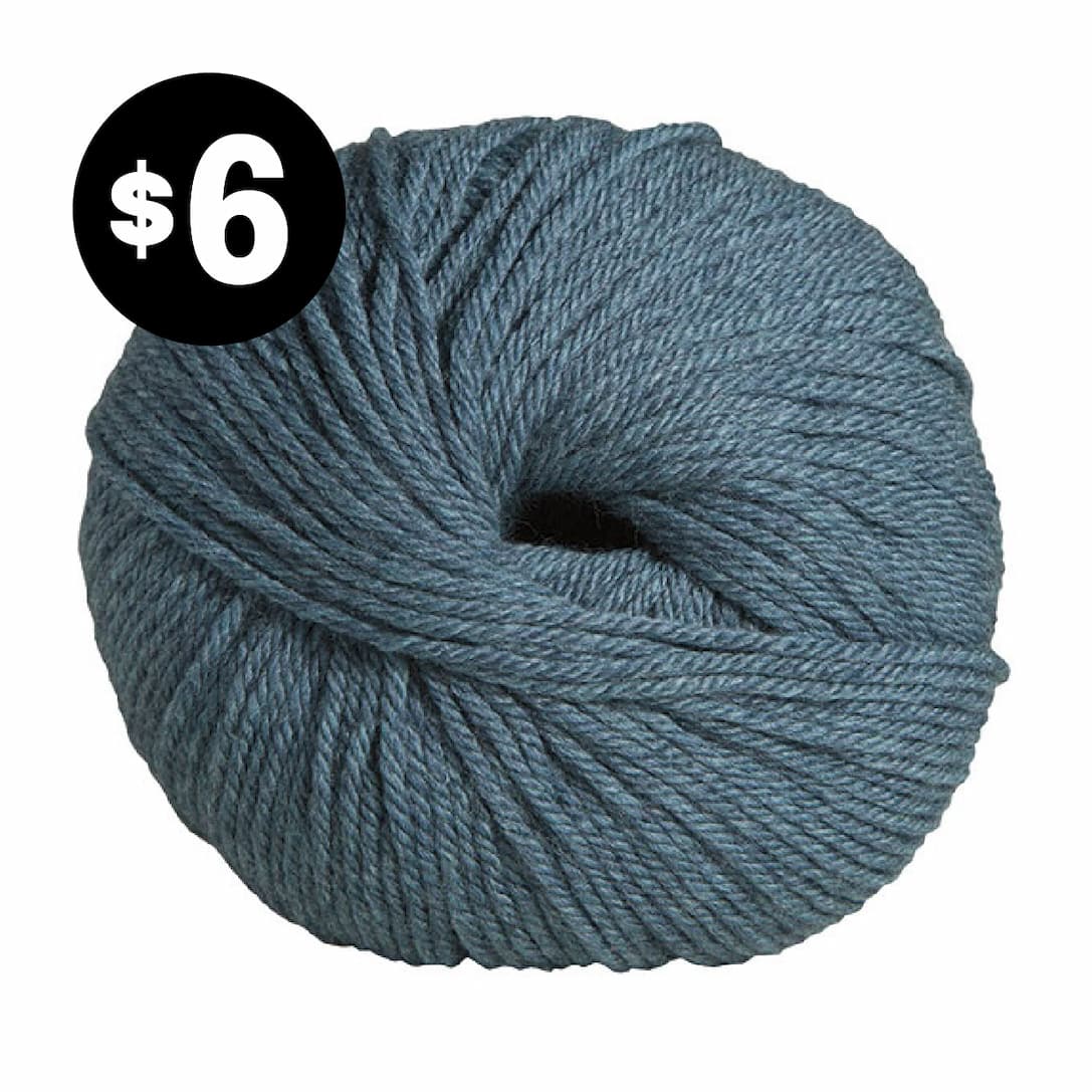 Image: A skein of greyish teal yarn. Text: $6 >>