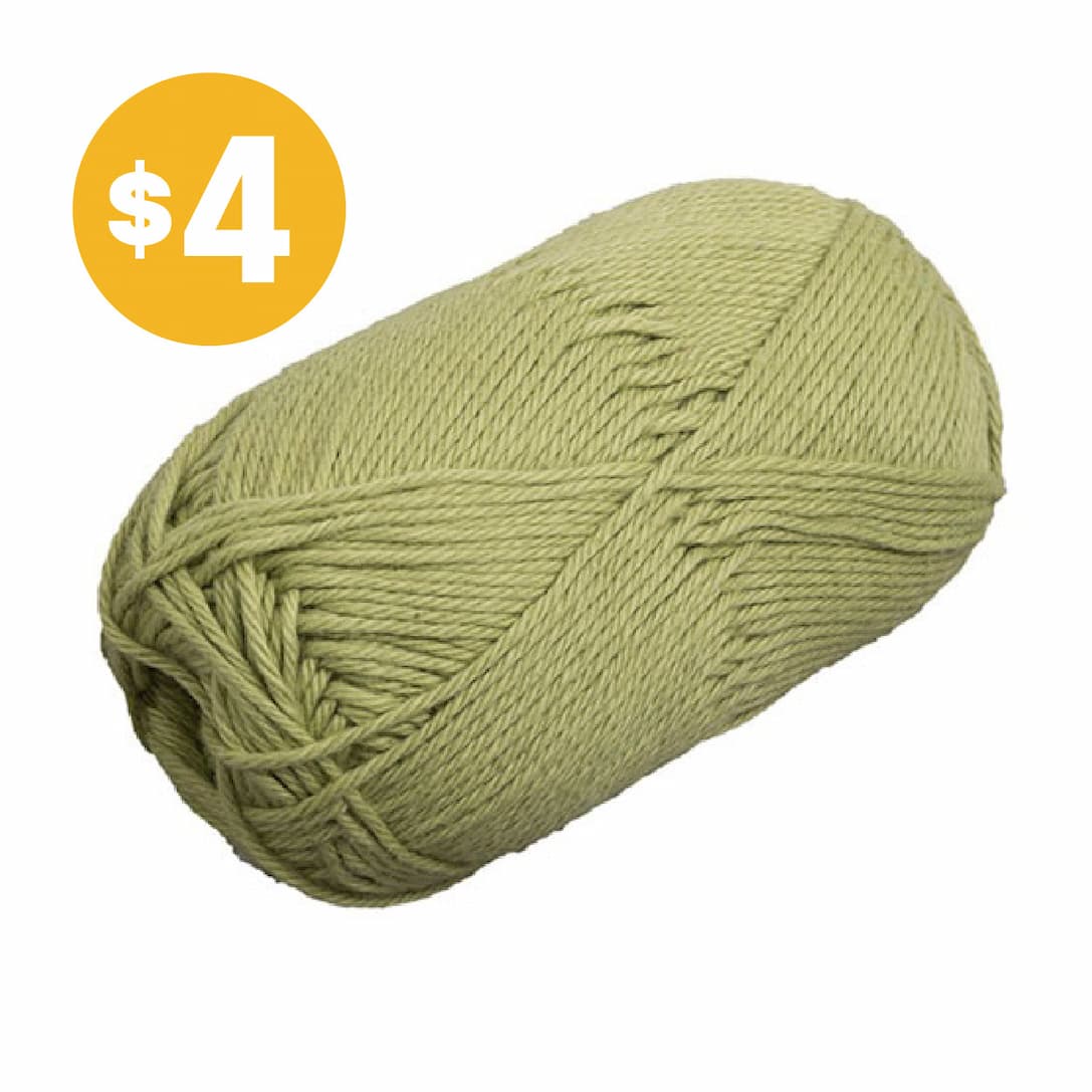 Image: A light green skein of yarn. Text: $4 >>