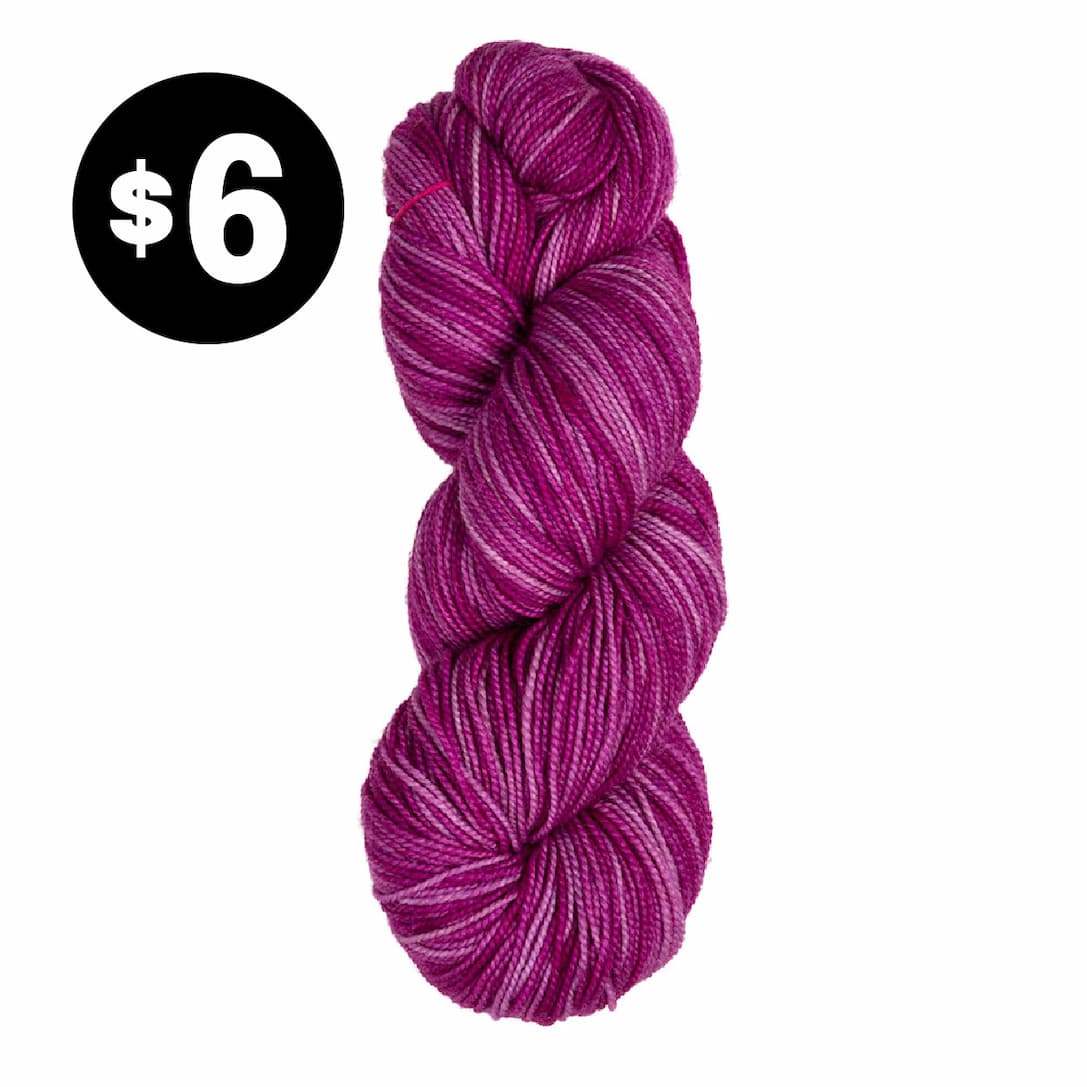 Image: A skein of pink and fuchsia yarn. Text: $6 >>