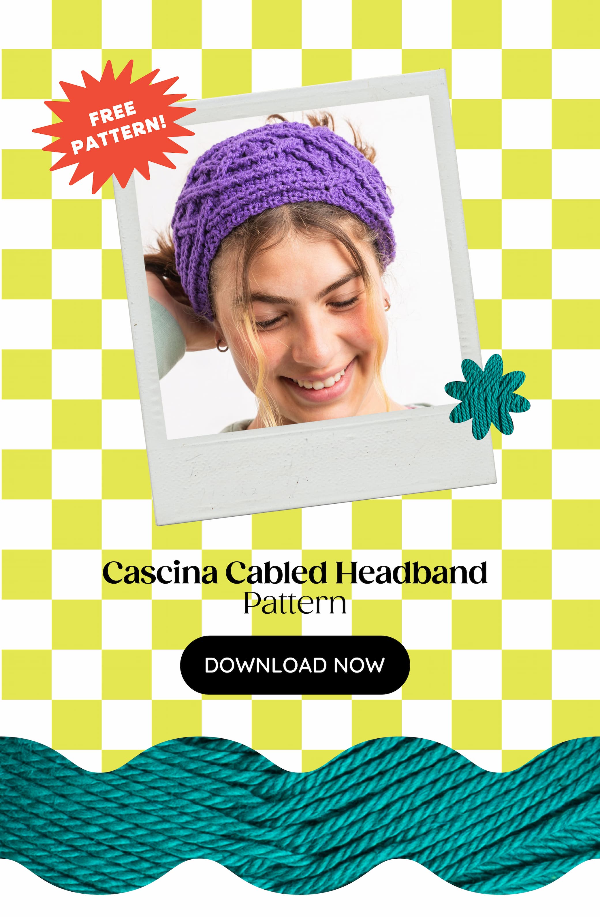 Image: A model in a crocheted purple headband. Text: Free Pattern! Cascina Cabled Headband Pattern. Download Now >>