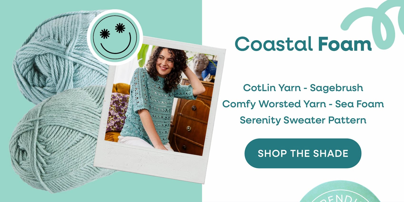 Coastal Foam. CotLin Yarn - Sagebrush, Comfy Worsted Yarn - Sea Foam, Serenity Sweater Pattern, Shop the Sade