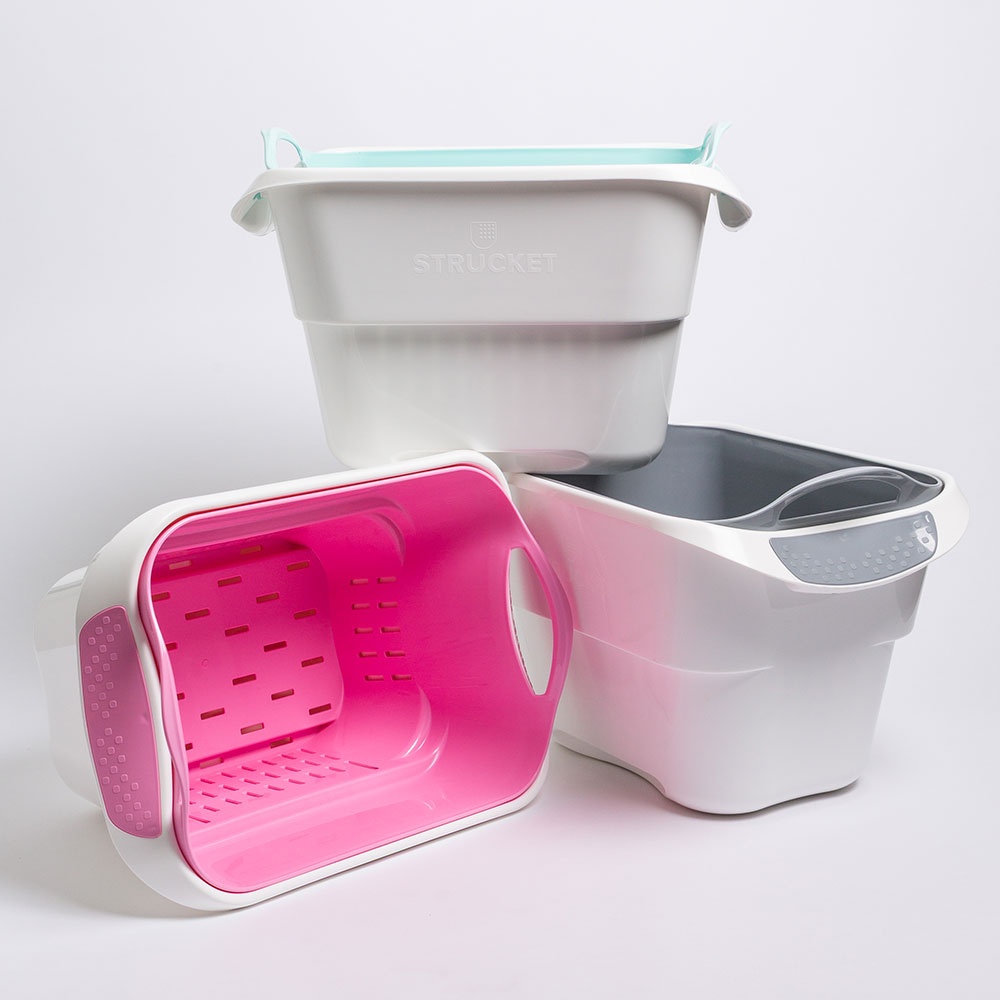 Strucket Tubs. Hands-free draining keeps crochet care mess-free.
