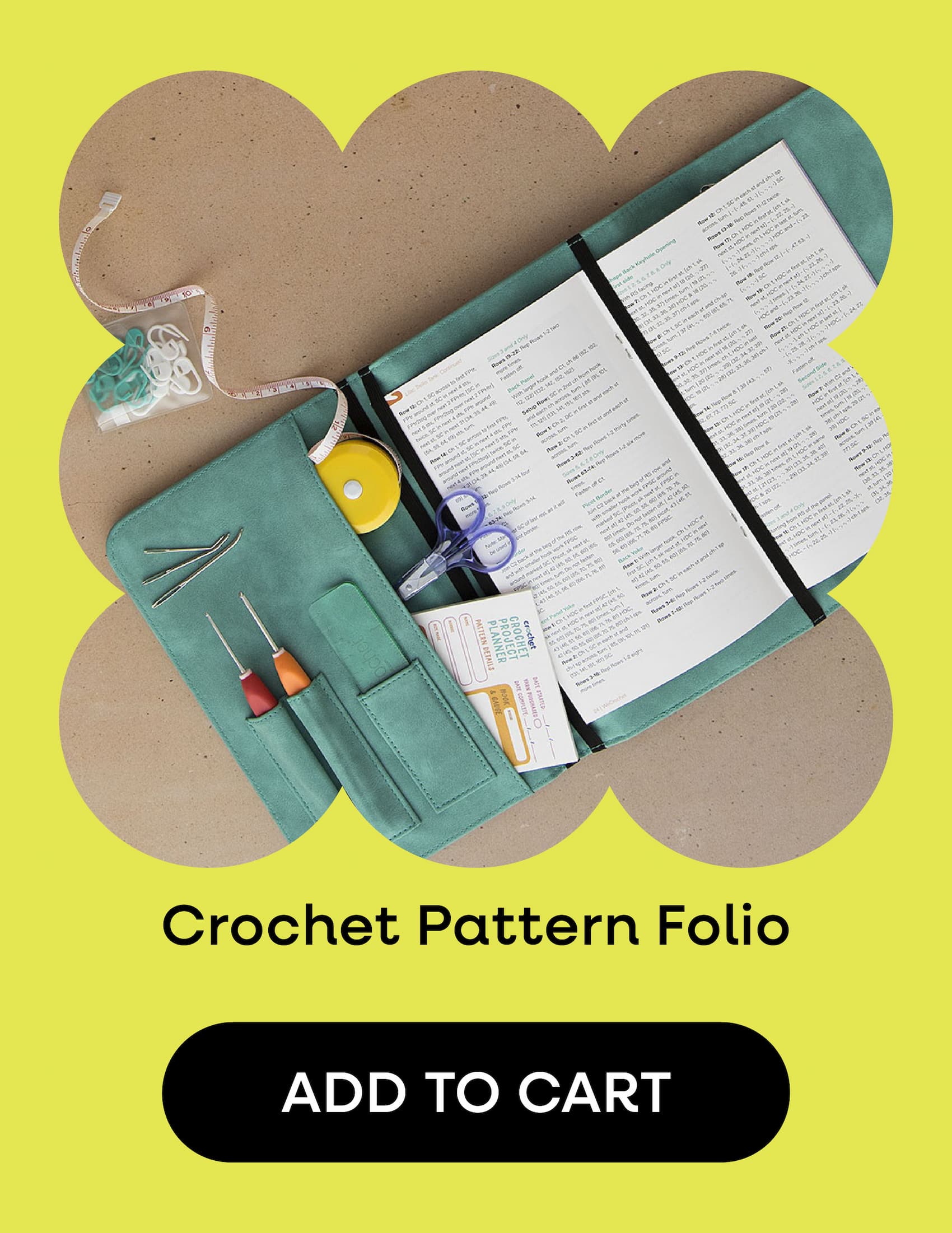 Image: A soft teal crocheted pattern folio with accessories. Text: Crochet Pattern Folio. Add to Cart >>