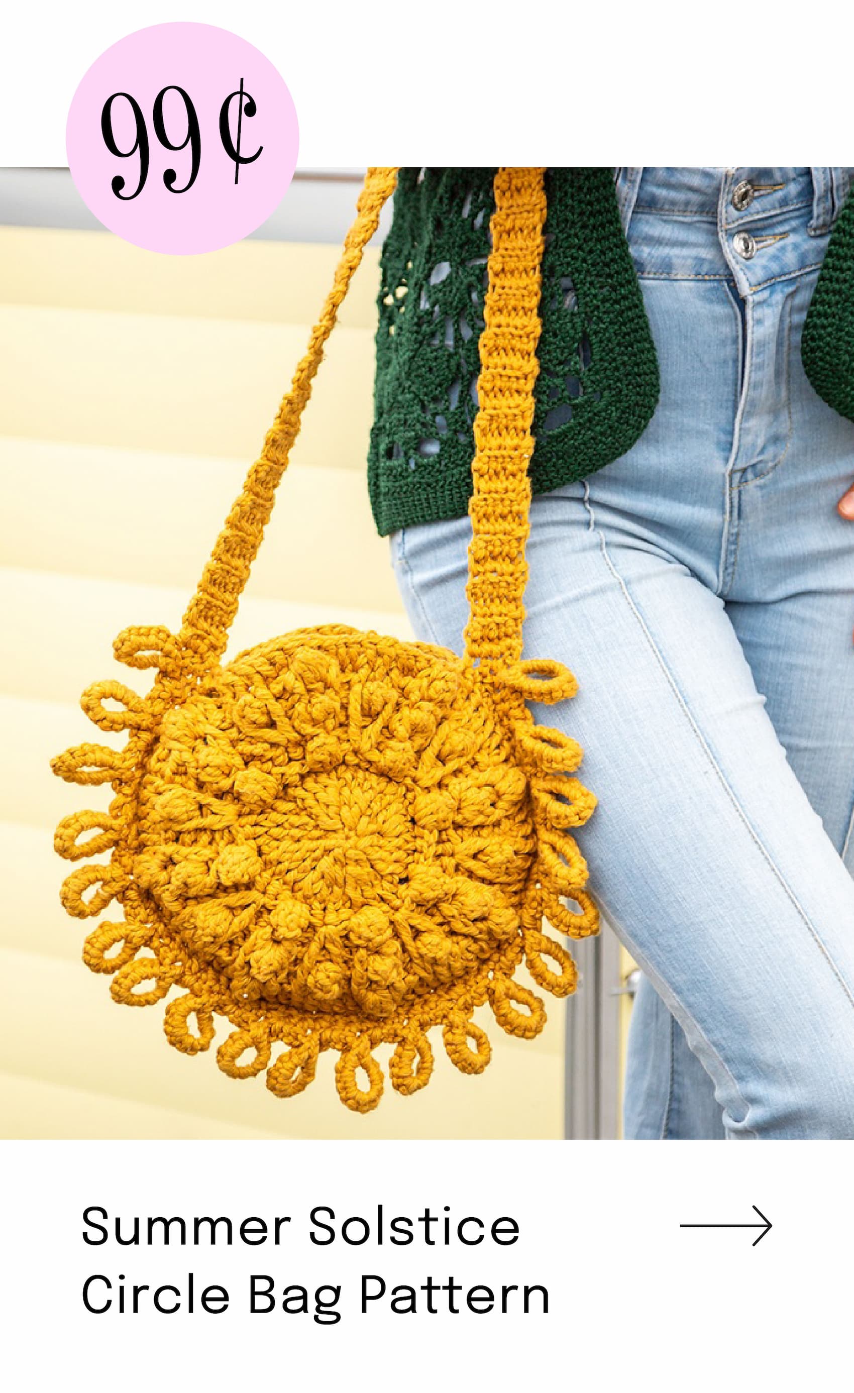 Image: A sunshine crocheted circle bag. Text: 99c. Summer Solstice Circle Bag Pattern >>