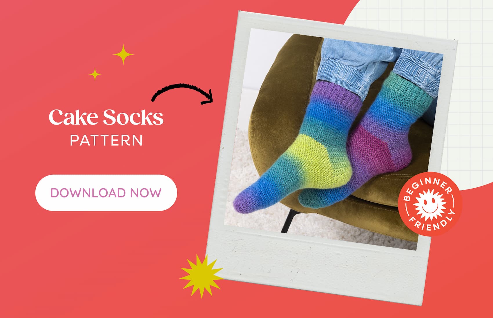 Image: A pair of crocheted socks. Text: Cake Socks Pattern. Download Now. Beginner Friendly! >>