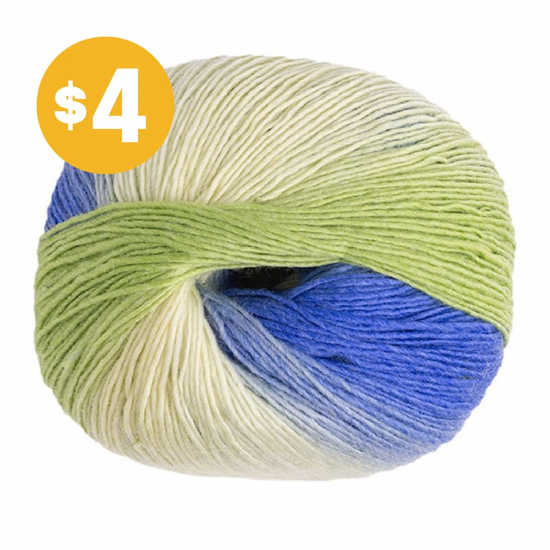 Image: A ball of fingering weight yarn in green, cream, and bright blue. Text: $4 >>