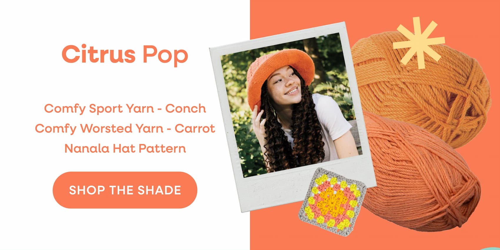 Citrus Pop. Comfy Sport Yarn - Conch, Comfy Worsted Yarn - Carrot, Nanala Hat Pattern, Shop the Shade