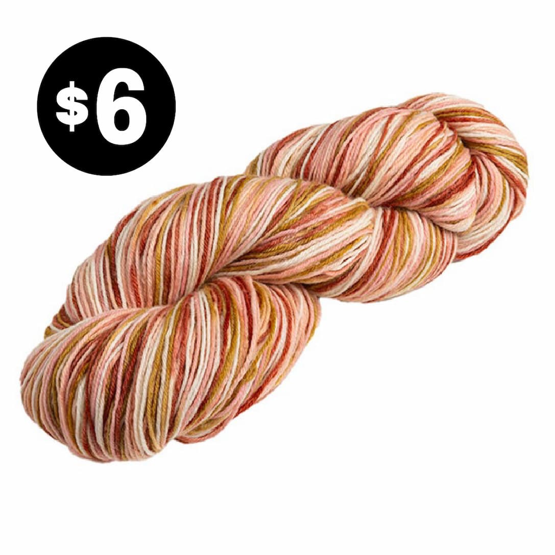 Image: A twisted hand of pink, red, and burnt orange yarn. Text: $6 >>