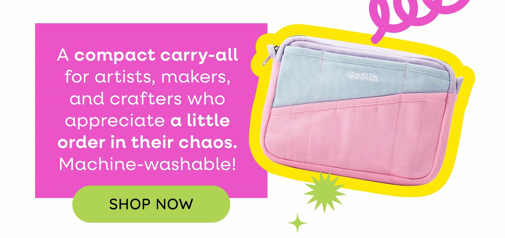 A compact carry-all for artists, makers, and crafters who appreciate a little order in their chaos. Machine-washable! Shop now. A pink and blue zip pouch