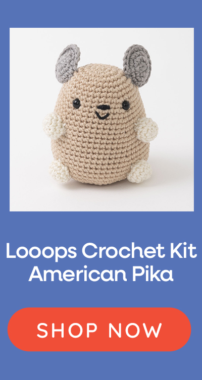 Image: Amigurumi character. Text: Looops Crochet Kits: American Pika. Shop now>>