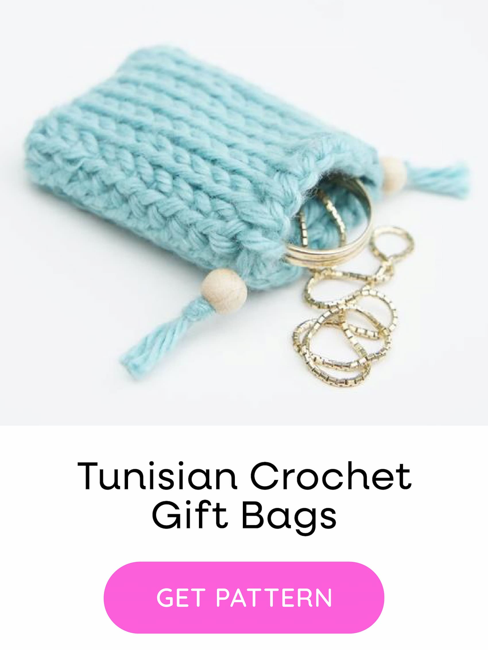 Image: A crocheted gift bag in blue yarn. Text: Tunisian Crochet Gift Bags. Get Pattern >>