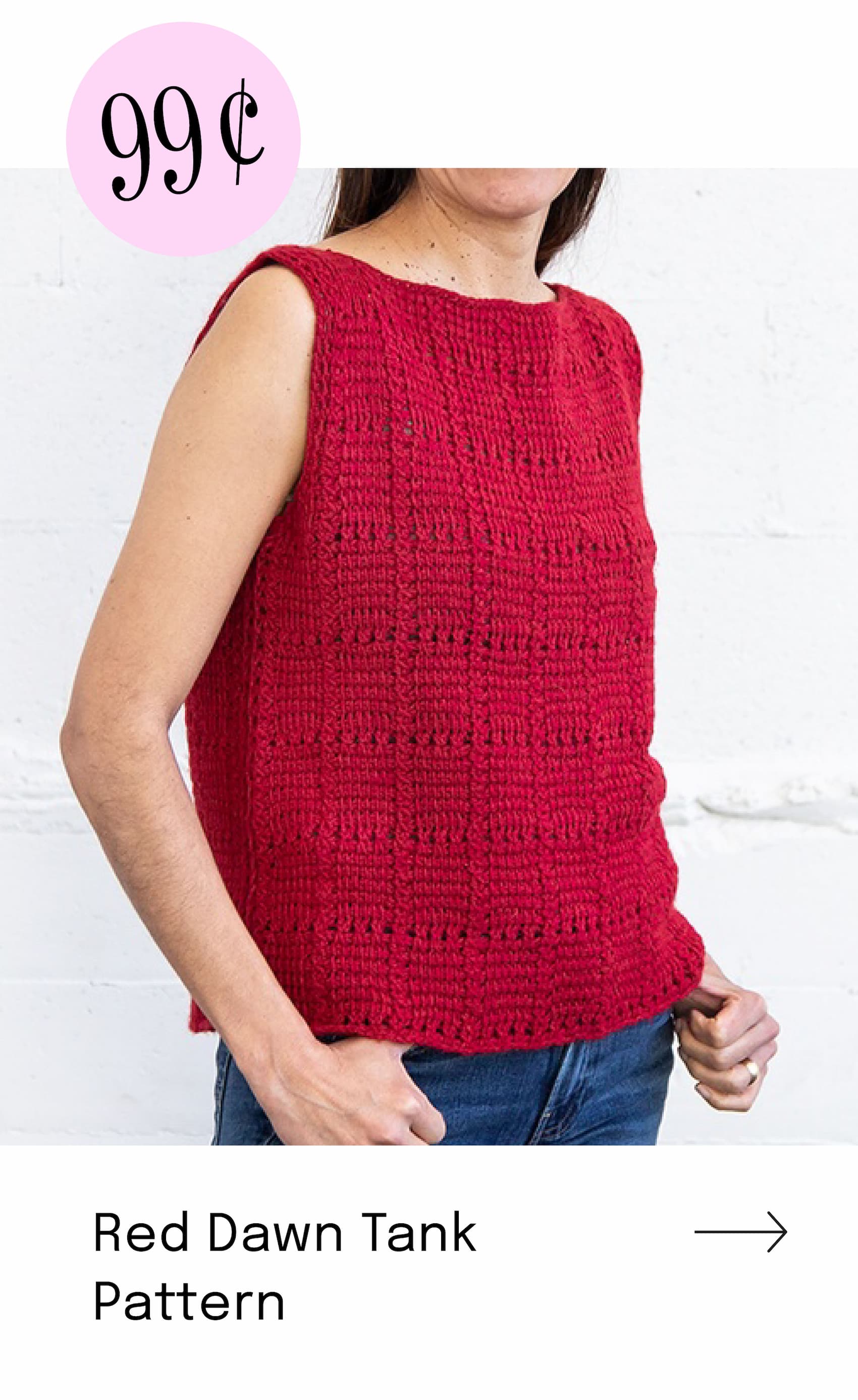 Image: A model is wearing a red crocheted tank. Text: 99c. Red Dawn Tank Pattern >>
