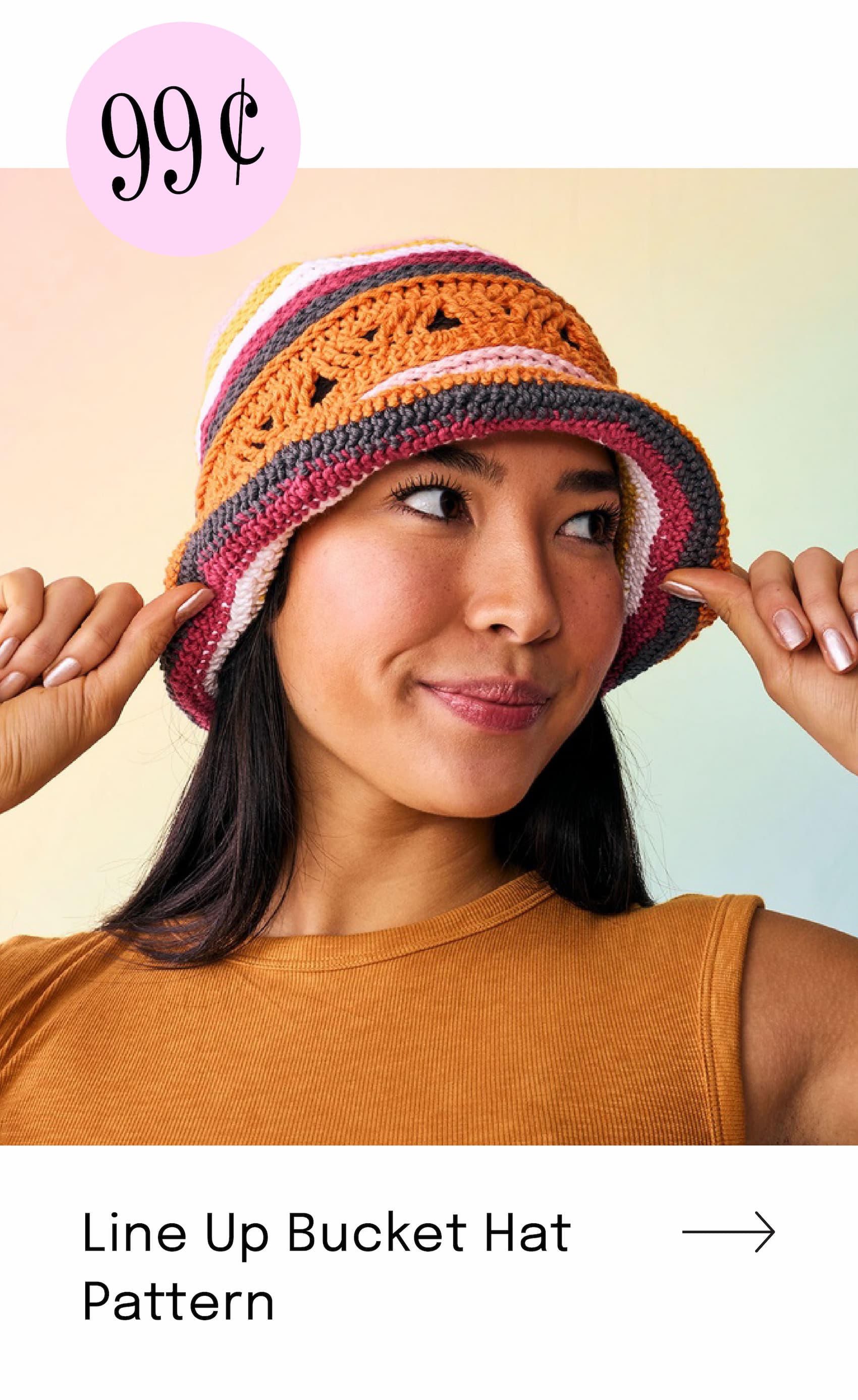 Image: A model wearing a crocheted hat. Text: 99c. Line Up Bucket Hat Pattern >>