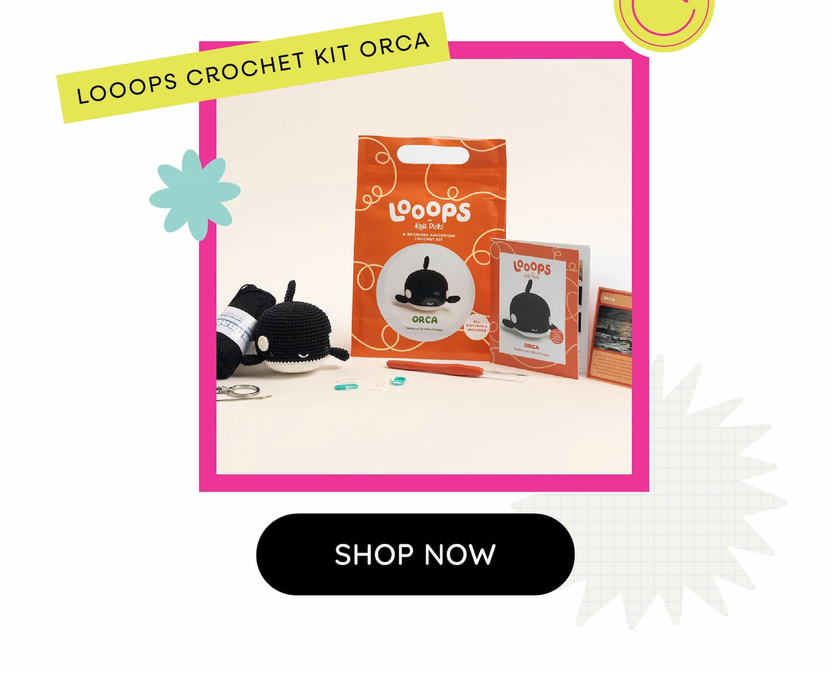 Looops Crochet Kit Orca. Shop Now. A kit of a crocheted amigurumi orca