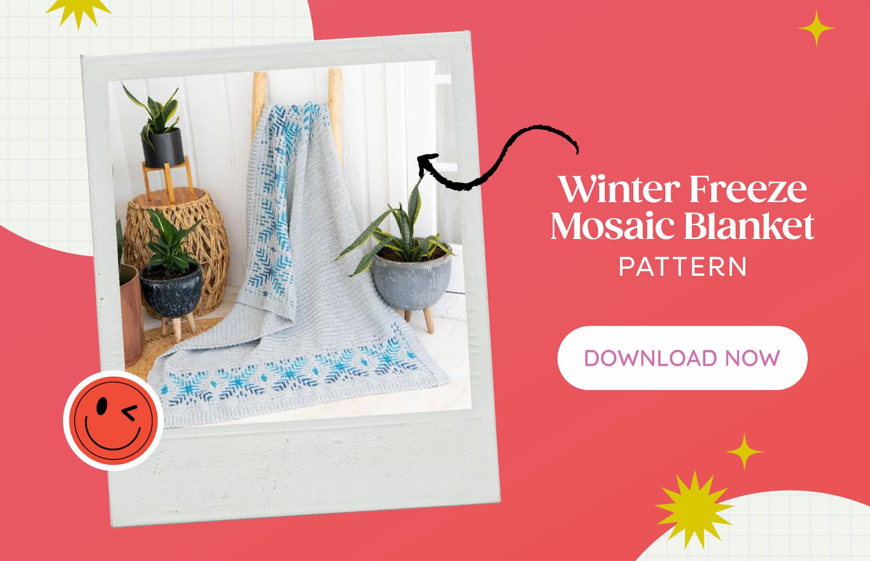 Image: A large grey crocheted blanket with blue designs at the top and bottom. Text: Winter Freeze Mosaic Blanket Pattern. Download Now >>