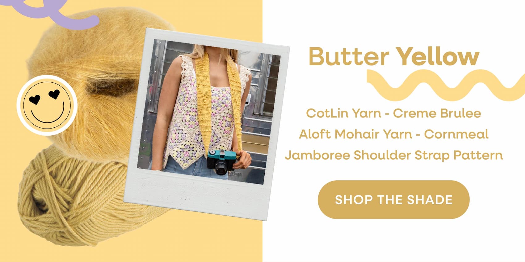 Butter Yellow. CotLin Yarn - Creme Brulee, Aloft Mohair Yarn - Cornmeal, Jamboree Shoulder Strap Pattern, Shop the Shade