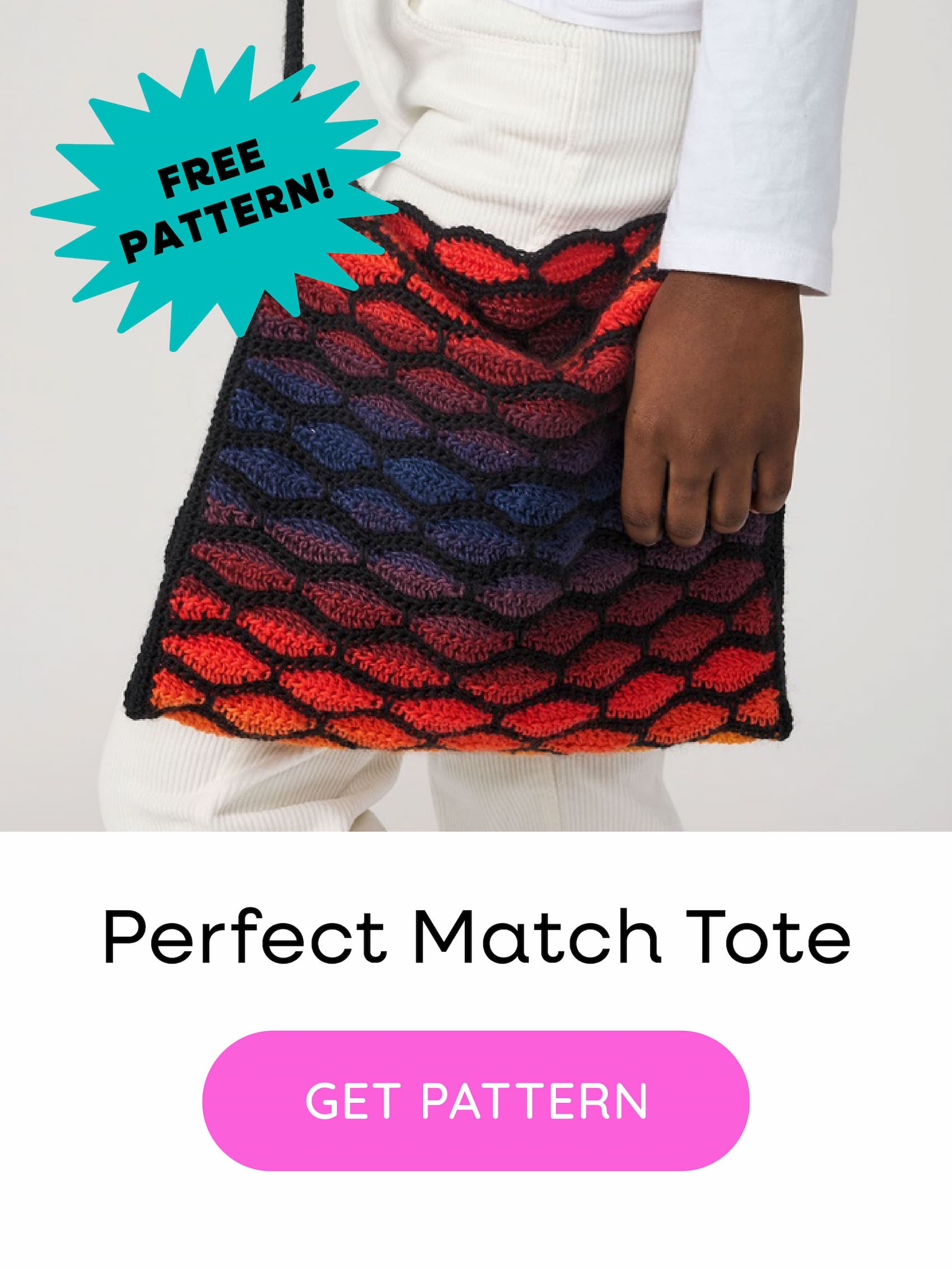 A model is holding a crocheted tote in red and blue yarn. Text: Free Pattern! Perfect Match Tote. Get Pattern >>