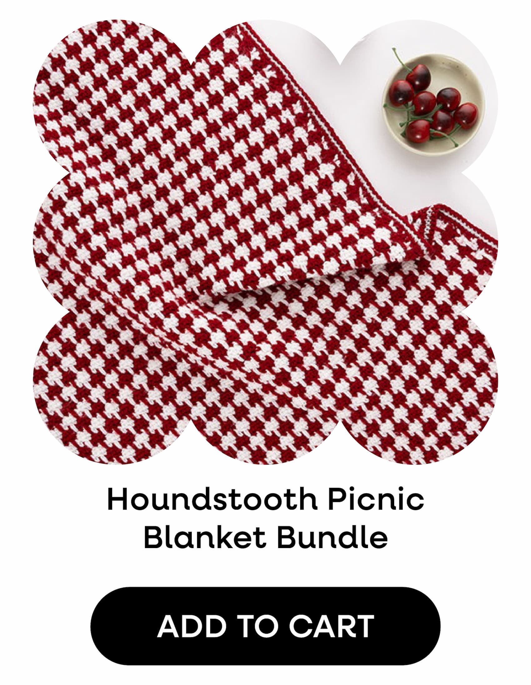 Image: A red and white crocheted houndstooth blanket. Text: Houndstooth Picnic Blanket Bundle. Add to Cart >>
