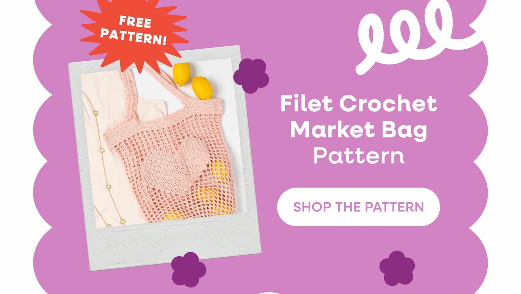 Free Pattern! Filet Crochet Market Bag Pattern Shop the Pattern. A handmade pink crocheted market bag