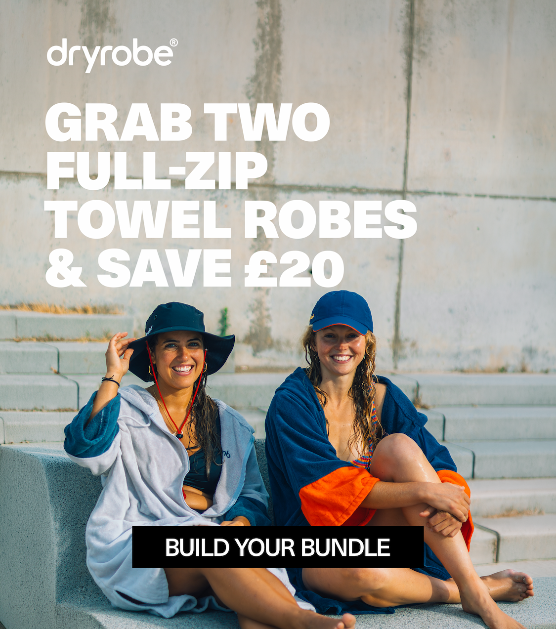 Women wearing Deep Sea Blue and Grey full-zip towel robe