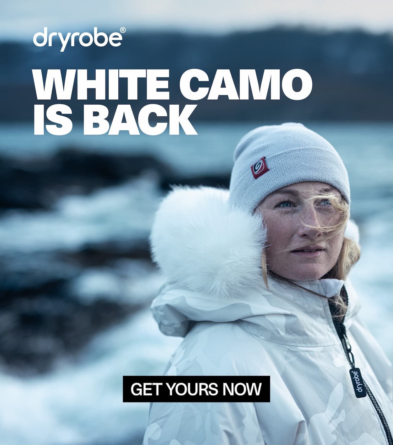 Woman looking over the top of her fluffy hood