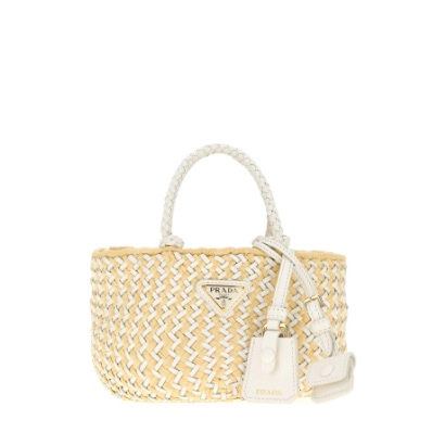 Prada Two-Tone Leather And Raffia Handbag Bianco+naturale Vi-calfleather Borse A Mano