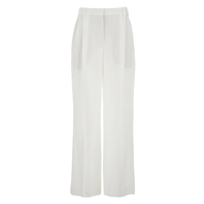 Brunello Cucinelli White Pants with Front Pleats in Tech Fabric for Women Viscose Linen Trousers
