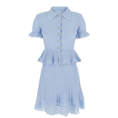 Self-Portrait Mini Dress Blue Pointelle Peplum Knit With Short Sleeves And In Tech Fabric For Women Blu