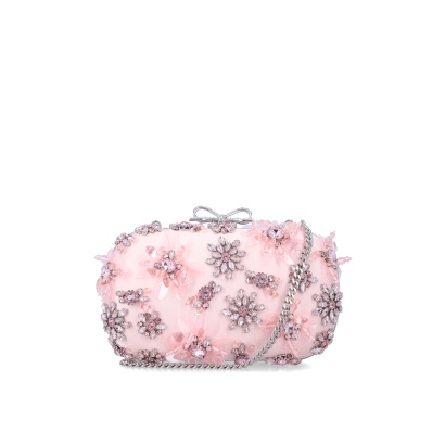 Self-Portrait pink Satin Floral Crystal clutch Polyester