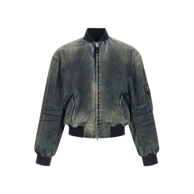 Balenciaga Stone-Washed Denim Bomber Jacket — Gray