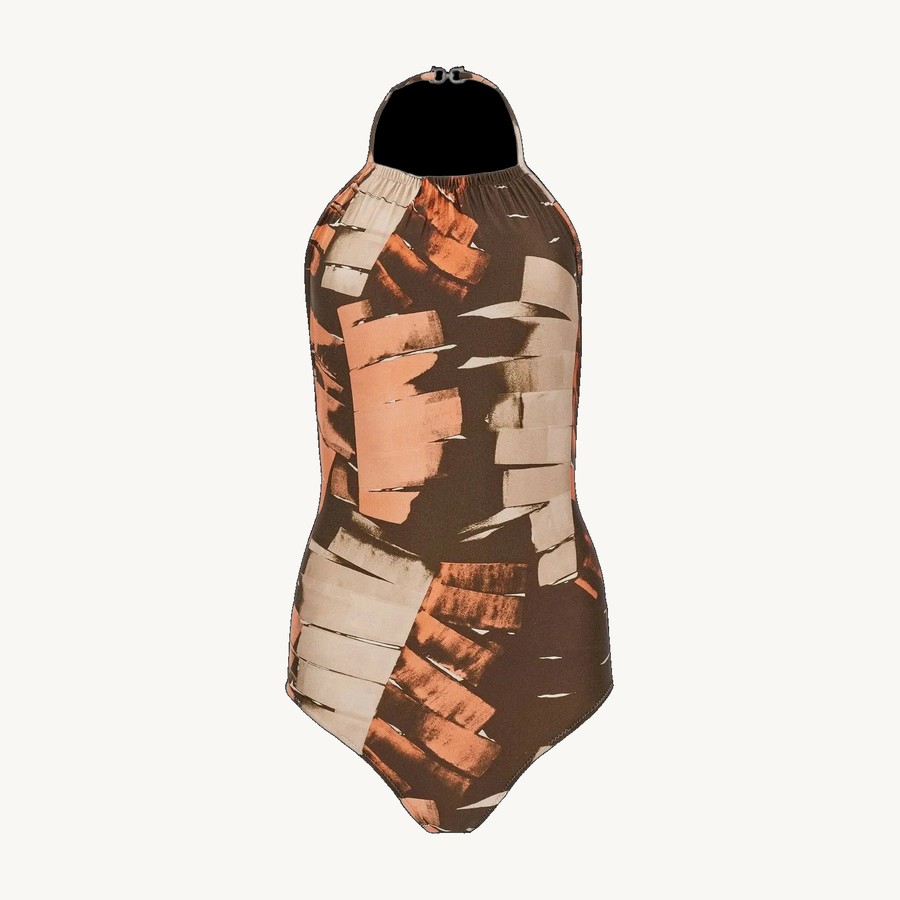 Ferragamo — Ferragamo Abstract Print Halterneck Swimsuit — Brown