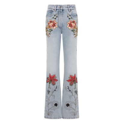 Valentino Denim 5 Pockets Embroidered Flowers Jeans