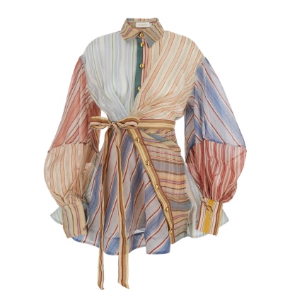 Zimmermann Midi Dress Rebellion with Bow Detail and All-Over Stripes in Linen Silk Blend Multicolor Women