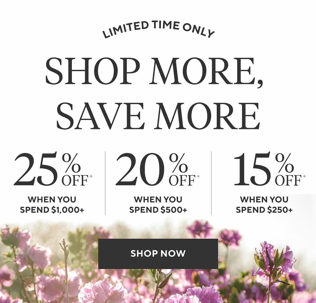 Limited Time Only SHOP MORE, SAVE MORE 25% Off* when you spend $1,000+ 20% Off* when you spend $500+ 15% Off* when you spend $250+ Shop Now >
