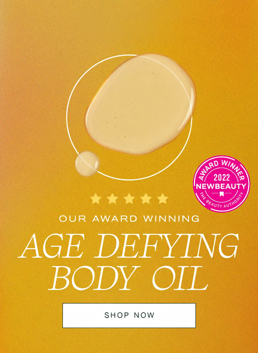 Award-winning Age Defying Body Oil with a "Shop Now" button.