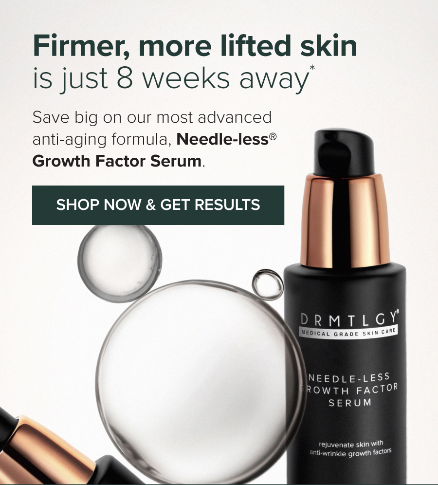 Black DRMTLGY serum bottle with product benefits and call to action - Shop now