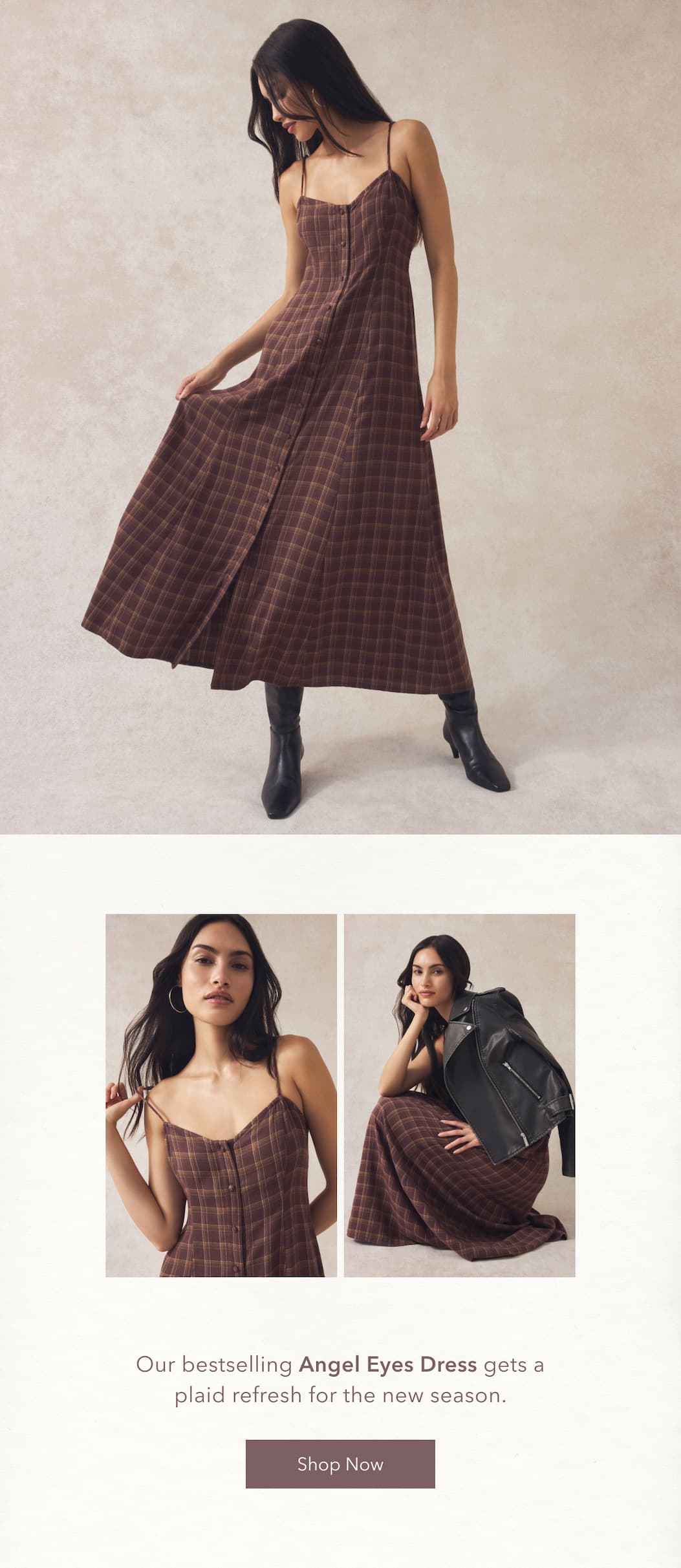 Our bestselling Angel Eyes Dress gets a plaid refresh for the new season. Shop the Angel Eyes Dress in plaid.